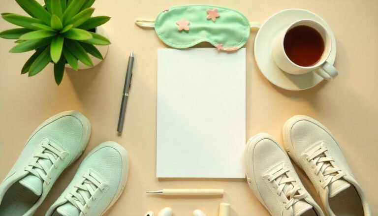 Scène en flat lay photoréaliste sur fond beige #EDE7E1 : une petite plante verte, un carnet avec stylo, un masque de sommeil, une paire de chaussures de course aux lacets desserrés, un mug de tisane fumante et des écouteurs, disposés en grille équilibrée pour évoquer différentes thématiques d’accompagnement (gestion du stress, sommeil, mouvement, réflexion, apaisement). Lumière naturelle du matin, ombres douces, accents vert #97C9B7, style magazine, composition minimaliste, aucune typographie. Format 1200×630.