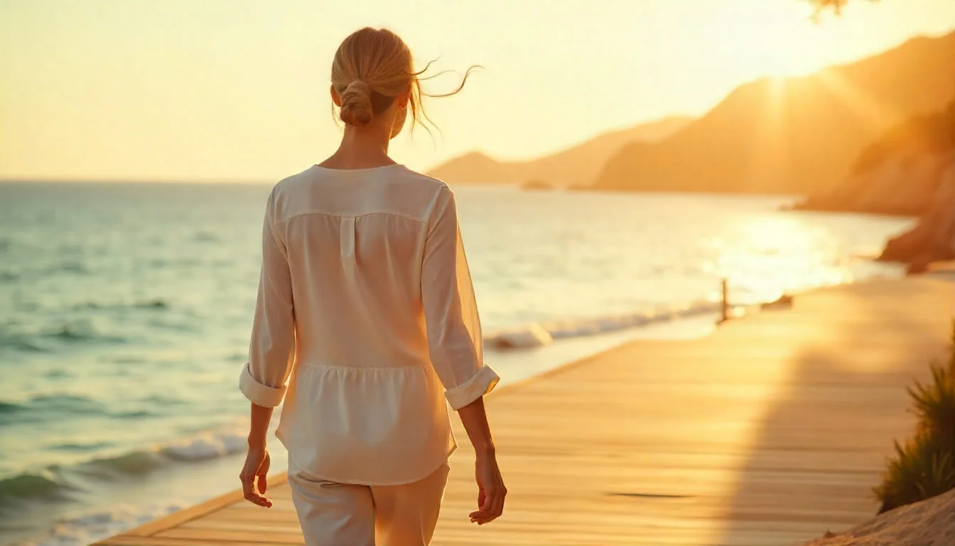 Sensation de liberté, femme en plein air au coucher de soleil